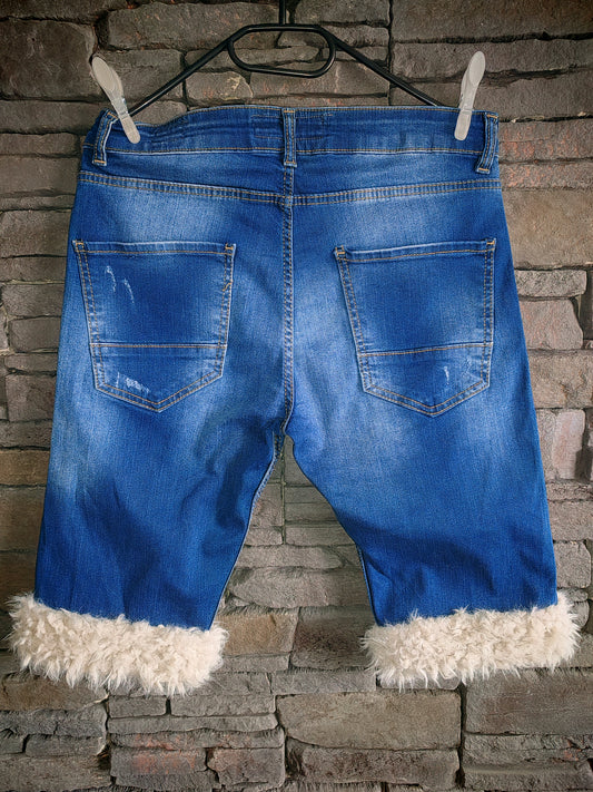 luffy short man blue denim semi wide stretch handmade faux fur back – Wal & Yfful B012