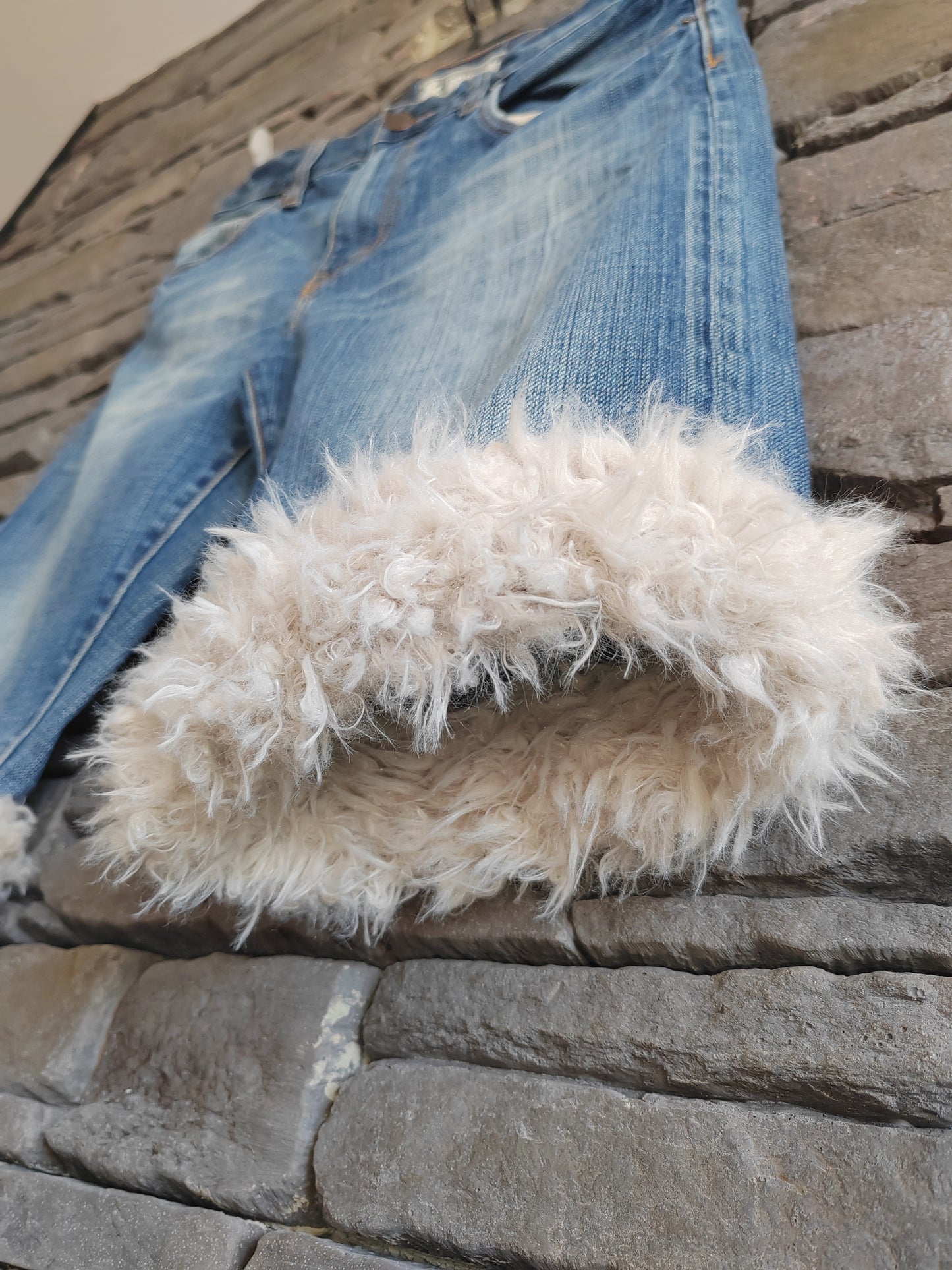 luffy short man blue denim semi wide handmade with faux fur front – Wal & Yfful C004