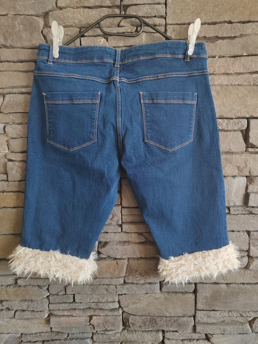 luffy short woman blue denim semi loose fit handmade with faux fur back – Wal & Yfful F007