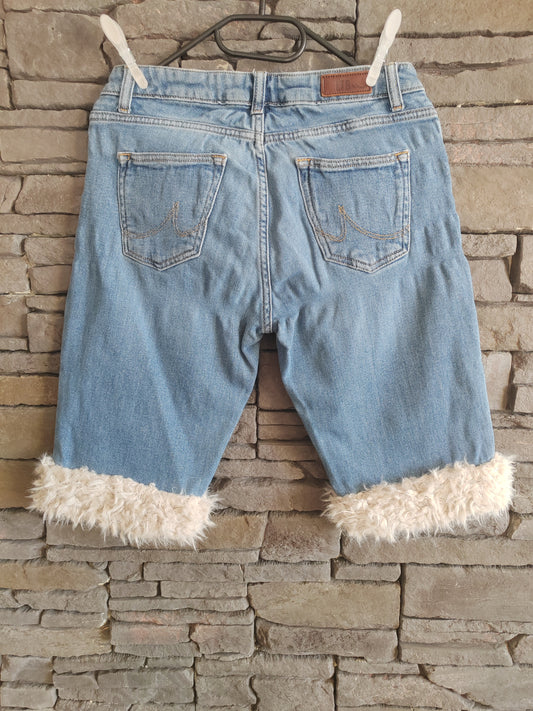 luffy short woman blue semi loose denim stretch handmade with faux fur back – Wal & Yfful F003