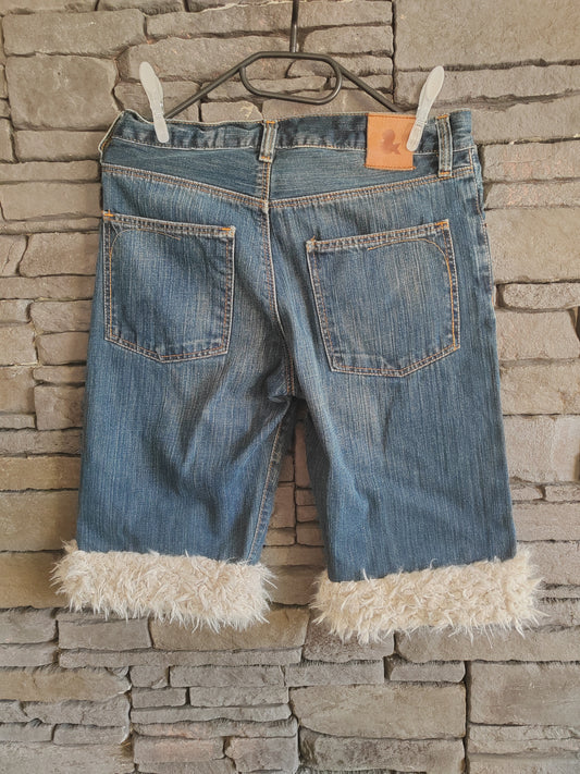 luffy short woman blue denim loose fit handmade with faux fur back – Wal & Yfful F002