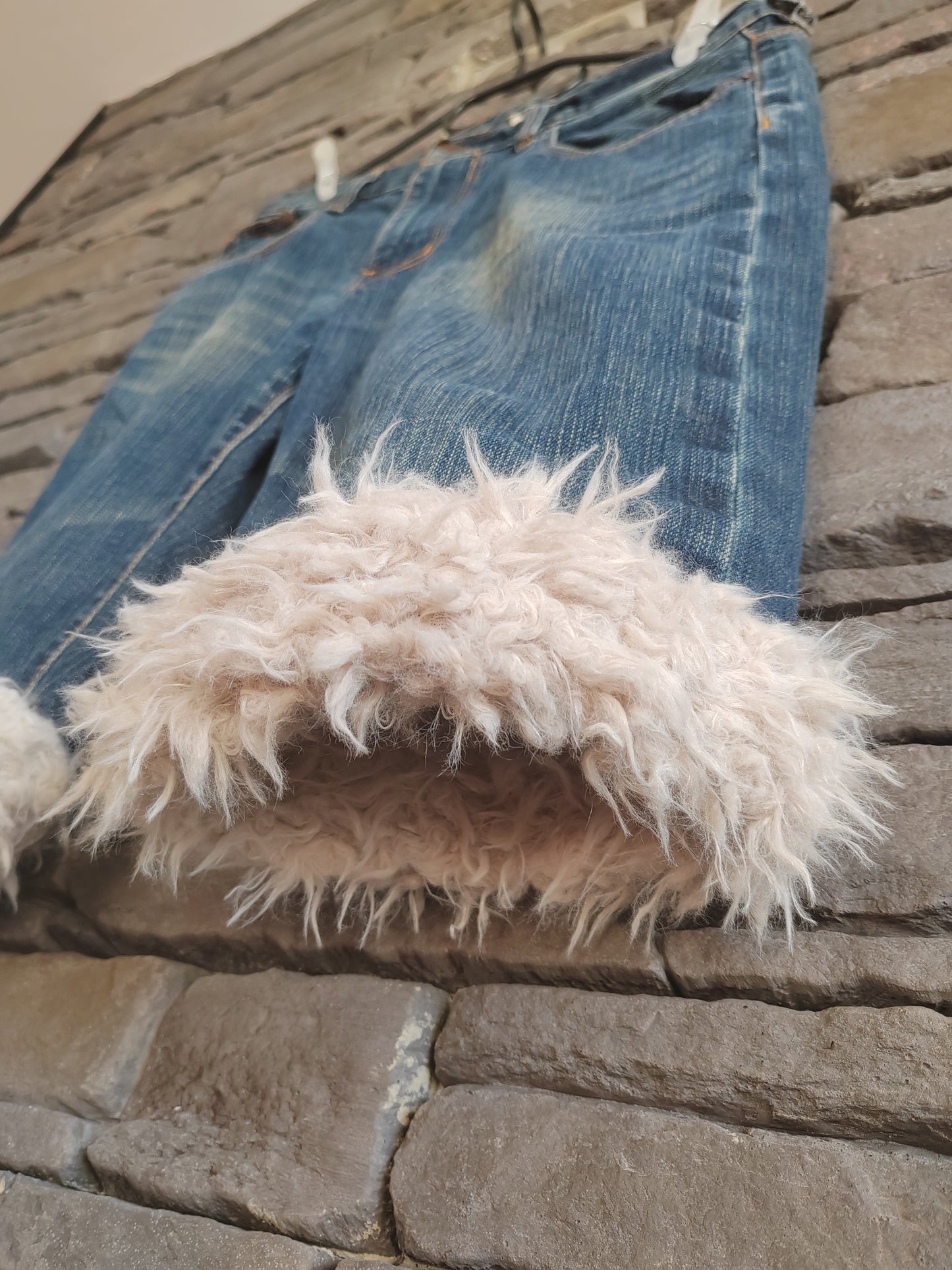 luffy short woman blue denim loose fit handmade with faux fur front – Wal & Yfful F002