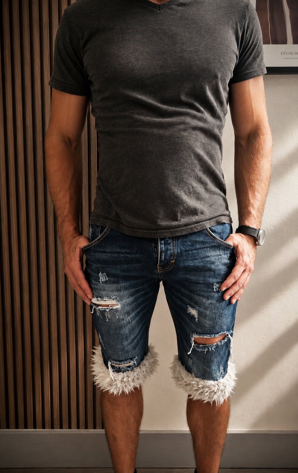 luffy short man blue denim semi wide handmade with faux fur studio 08 – Wal & Yfful A016
