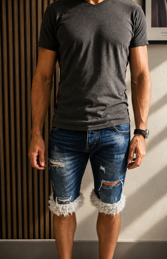 luffy short man blue denim semi wide handmade with faux fur studio 01 – Wal & Yfful A016
