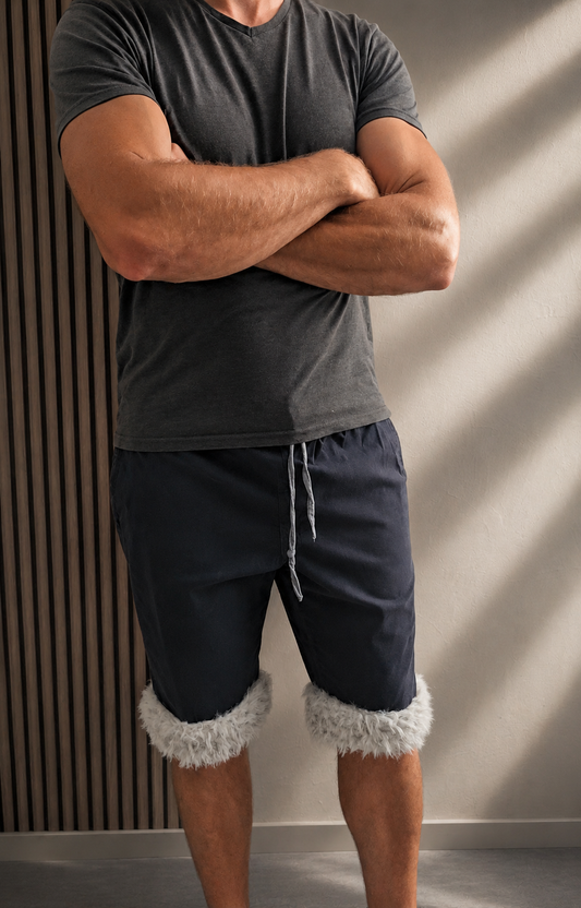 Luffy short men's navy blue loose stretch handmade with faux fur studio 01 – Wal & Yfful A012