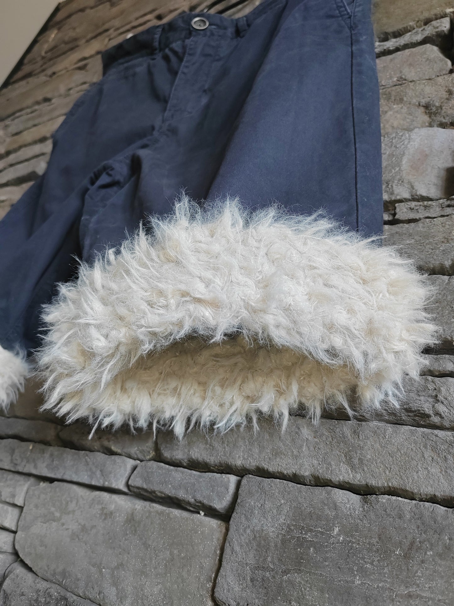 Luffy short men's navy blue loose fit non-stretch handmade with faux fur front – Wal & Yfful A011