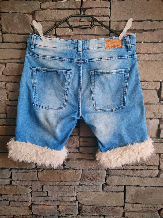 luffy short man blue denim semi wide stretch handmade with faux fur back – Wal & Yfful B007