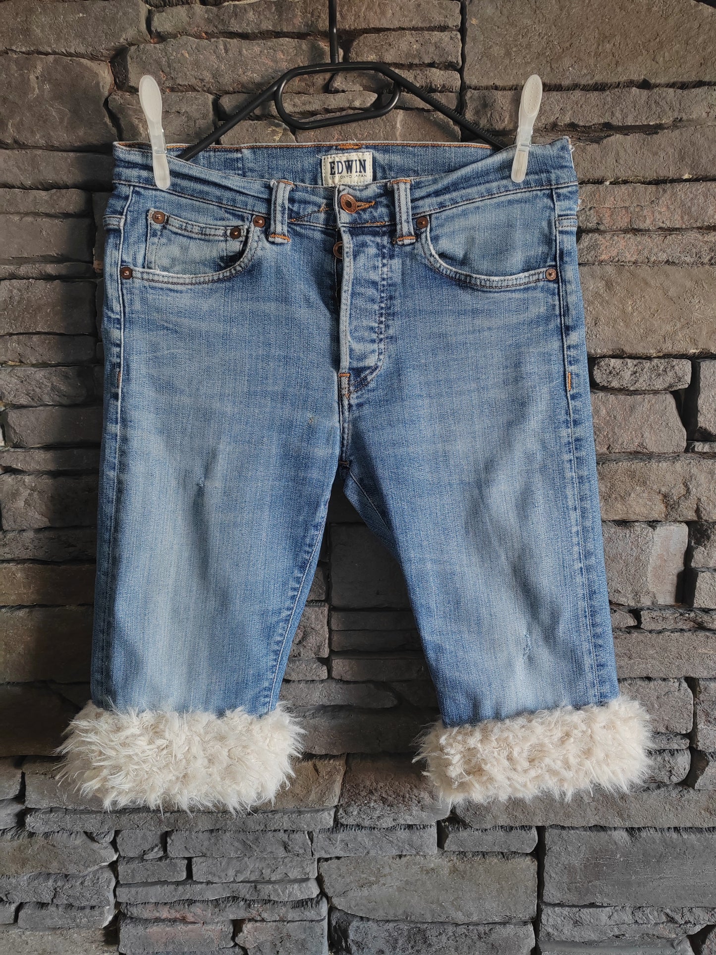 luffy short light blue jean slim fit handmade with faux fur – Wal & Yfful H011