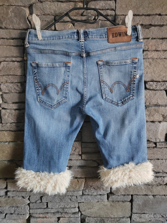 luffy short light blue jean slim fit handmade with faux fur back – Wal & Yfful H011