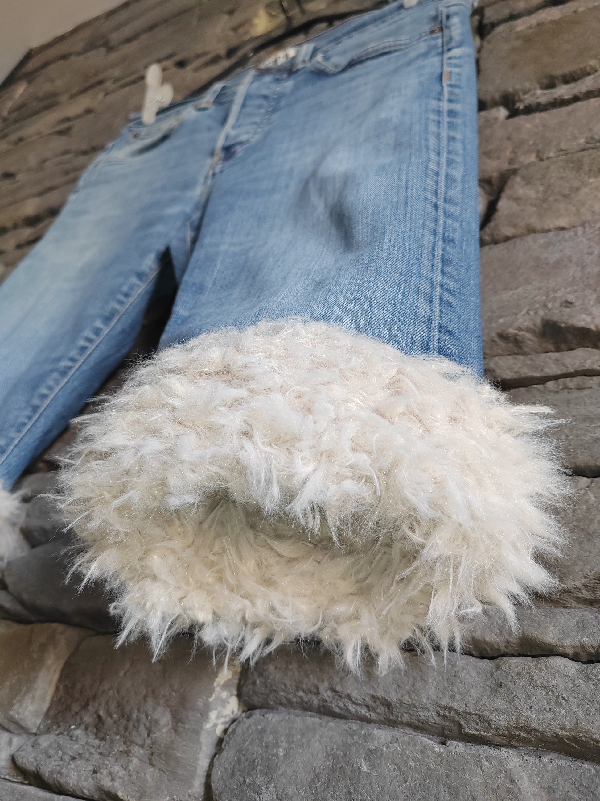 luffy short light blue jean slim fit handmade with faux fur front – Wal & Yfful H011