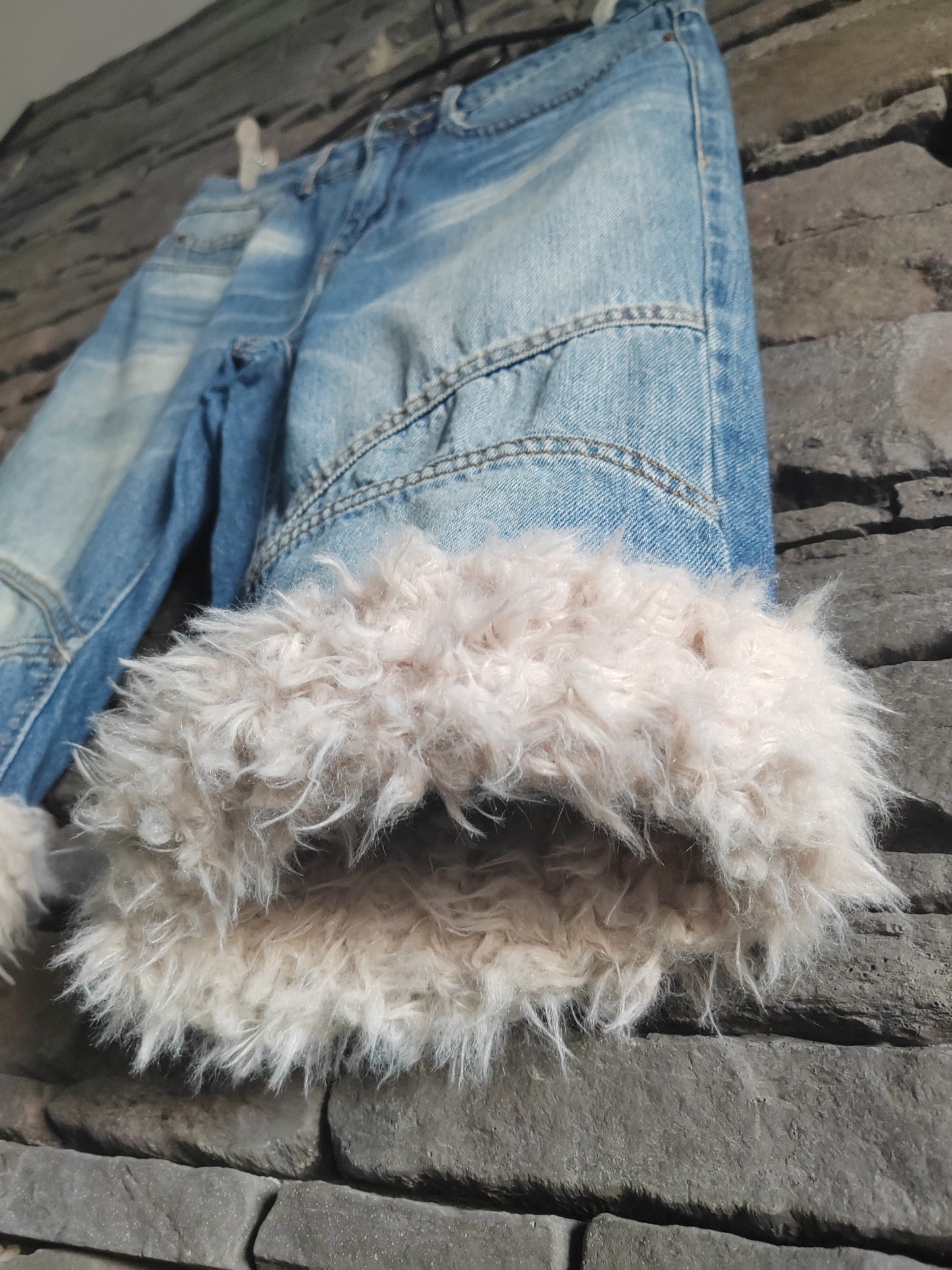 luffy short blue jean XS fit handmade with faux fur front – Wal & Yfful i002