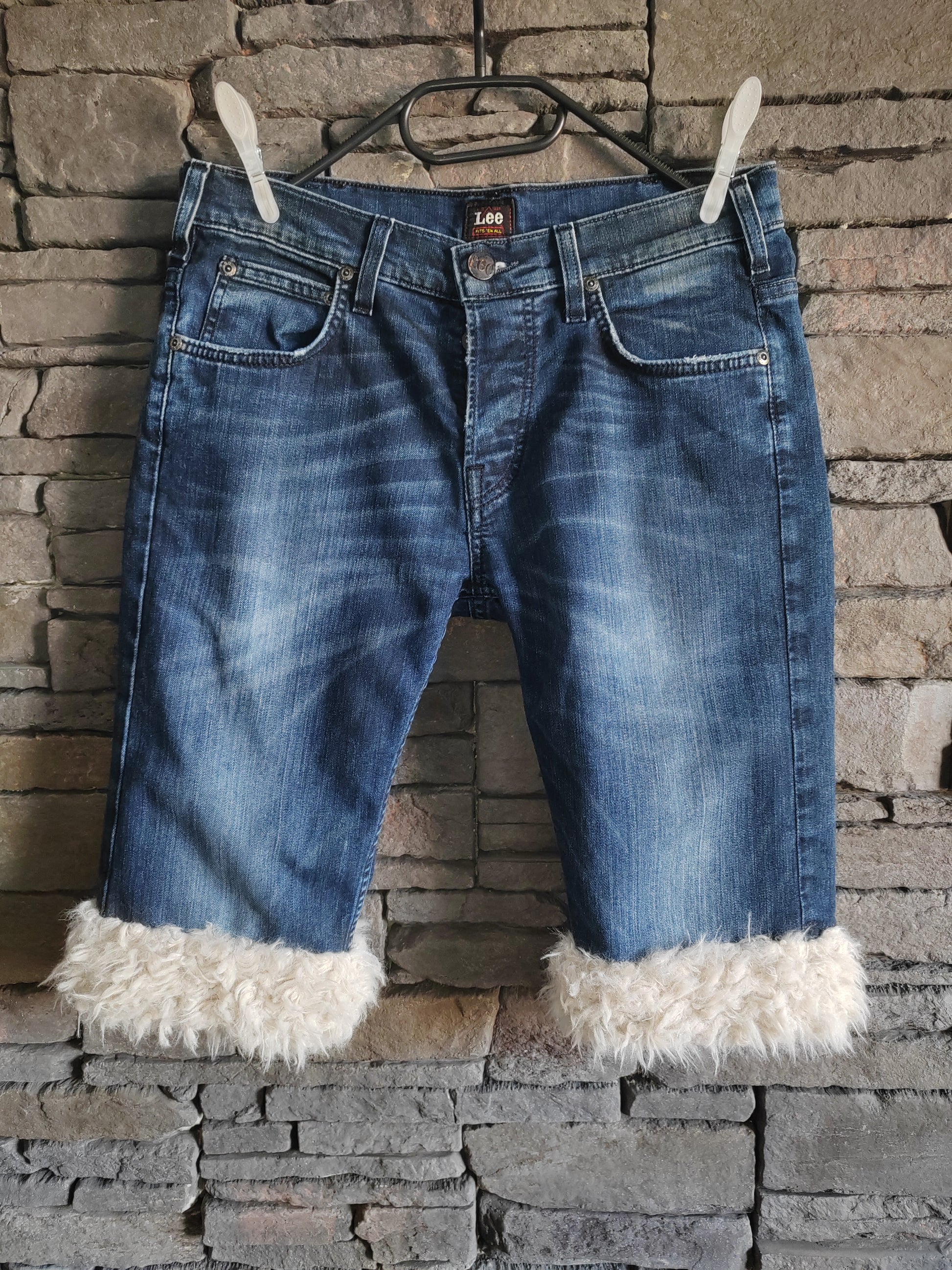 luffy short blue jean slim fit handmade with faux fur – Wal & Yfful H010