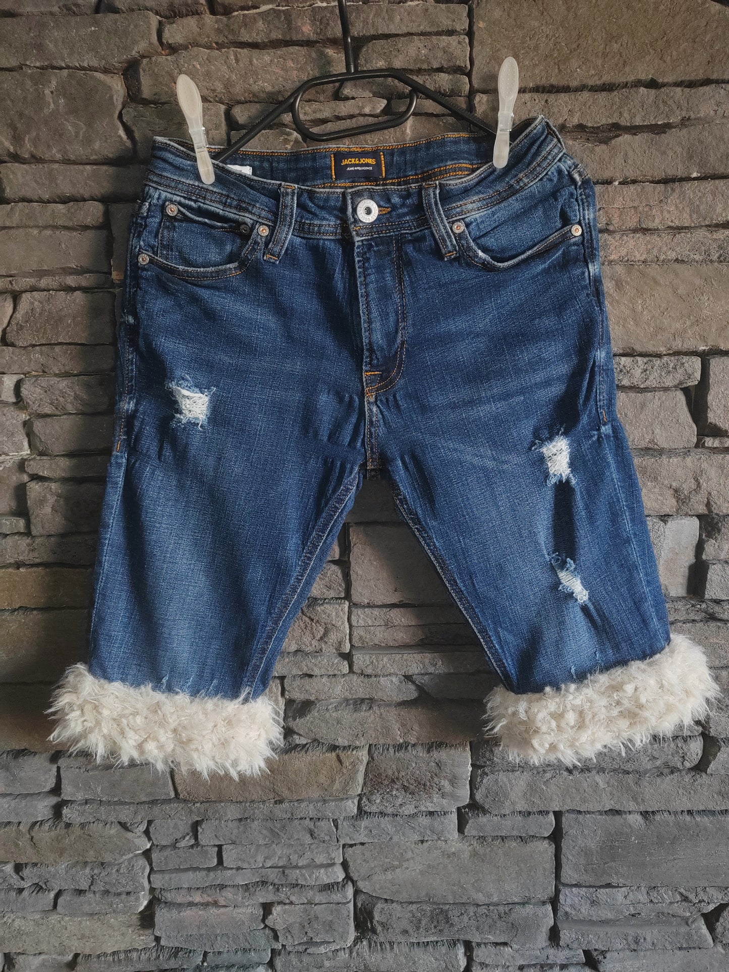 luffy short blue denim slim fit handmade with faux fur – Wal & Yfful H006