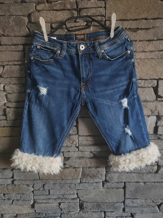 luffy short blue denim slim fit handmade with faux fur – Wal & Yfful H006