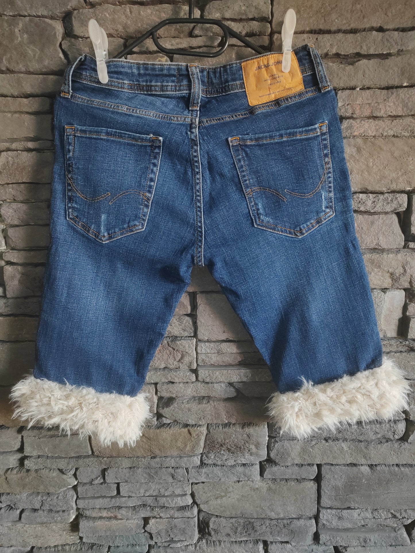 luffy short blue denim slim fit handmade with faux fur back – Wal & Yfful H006