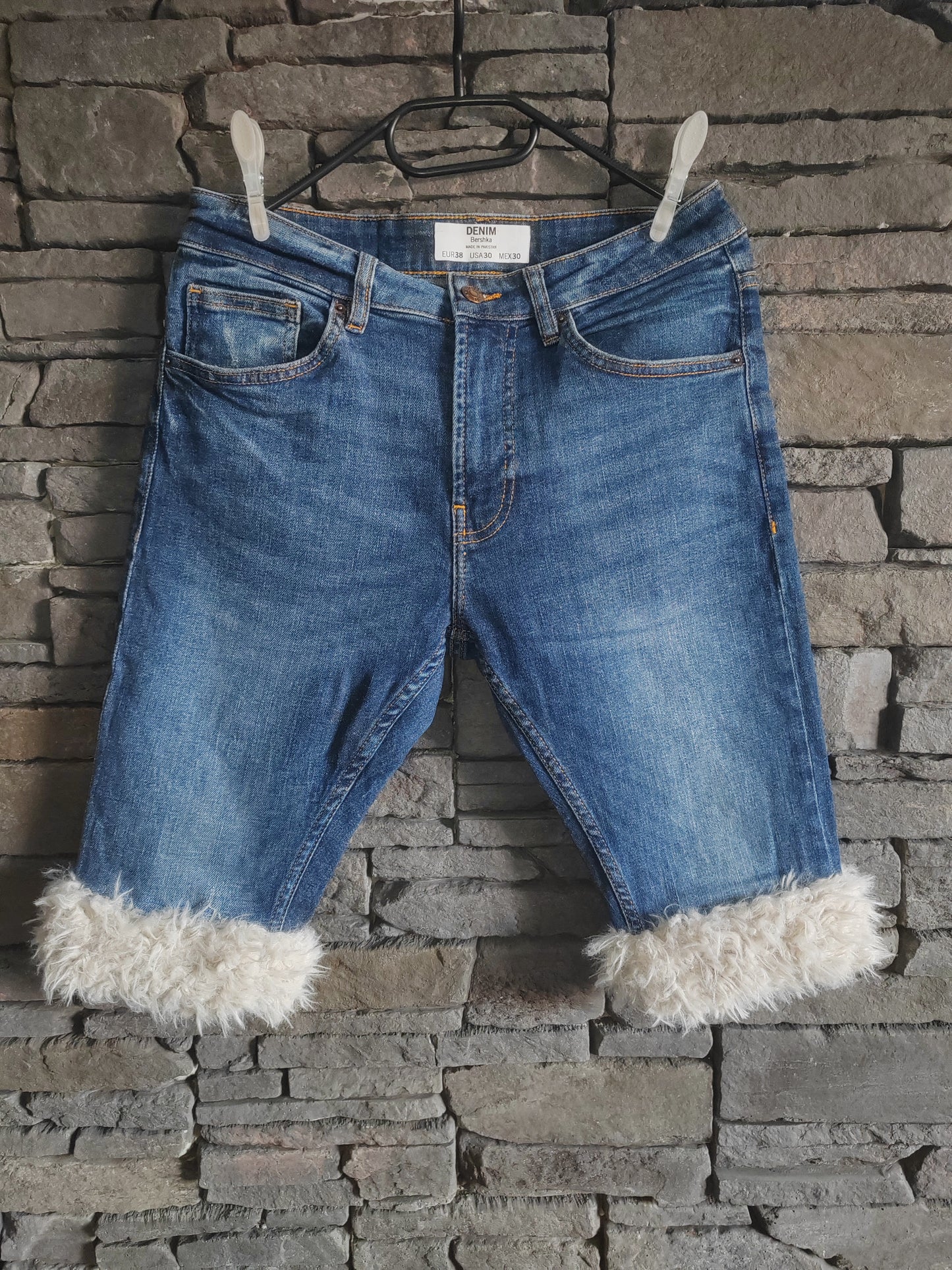 luffy short blue jean slim fit handmade with faux fur – Wal & Yfful H001