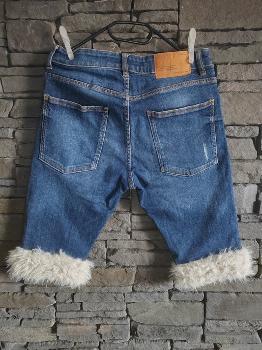 luffy short blue jean slim fit handmade with faux fur back – Wal & Yfful H001