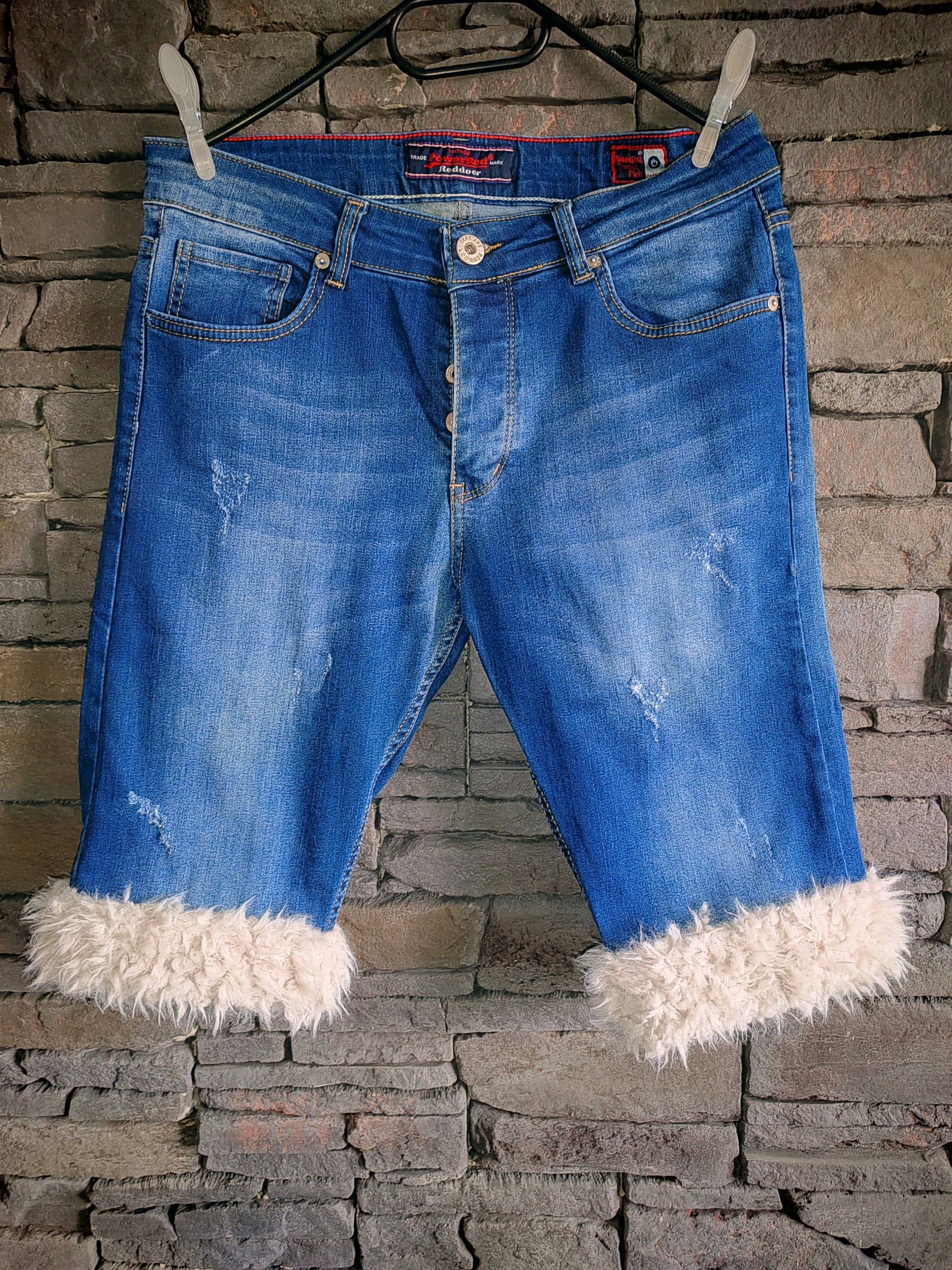 luffy short man blue denim semi wide stretch handmade faux fur – Wal & Yfful B012