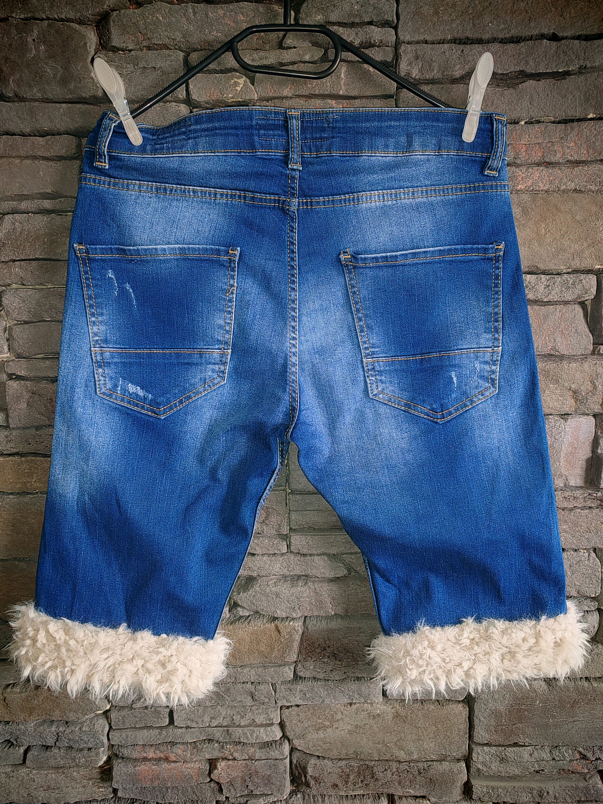 luffy short man blue denim semi wide stretch handmade faux fur back – Wal & Yfful B012