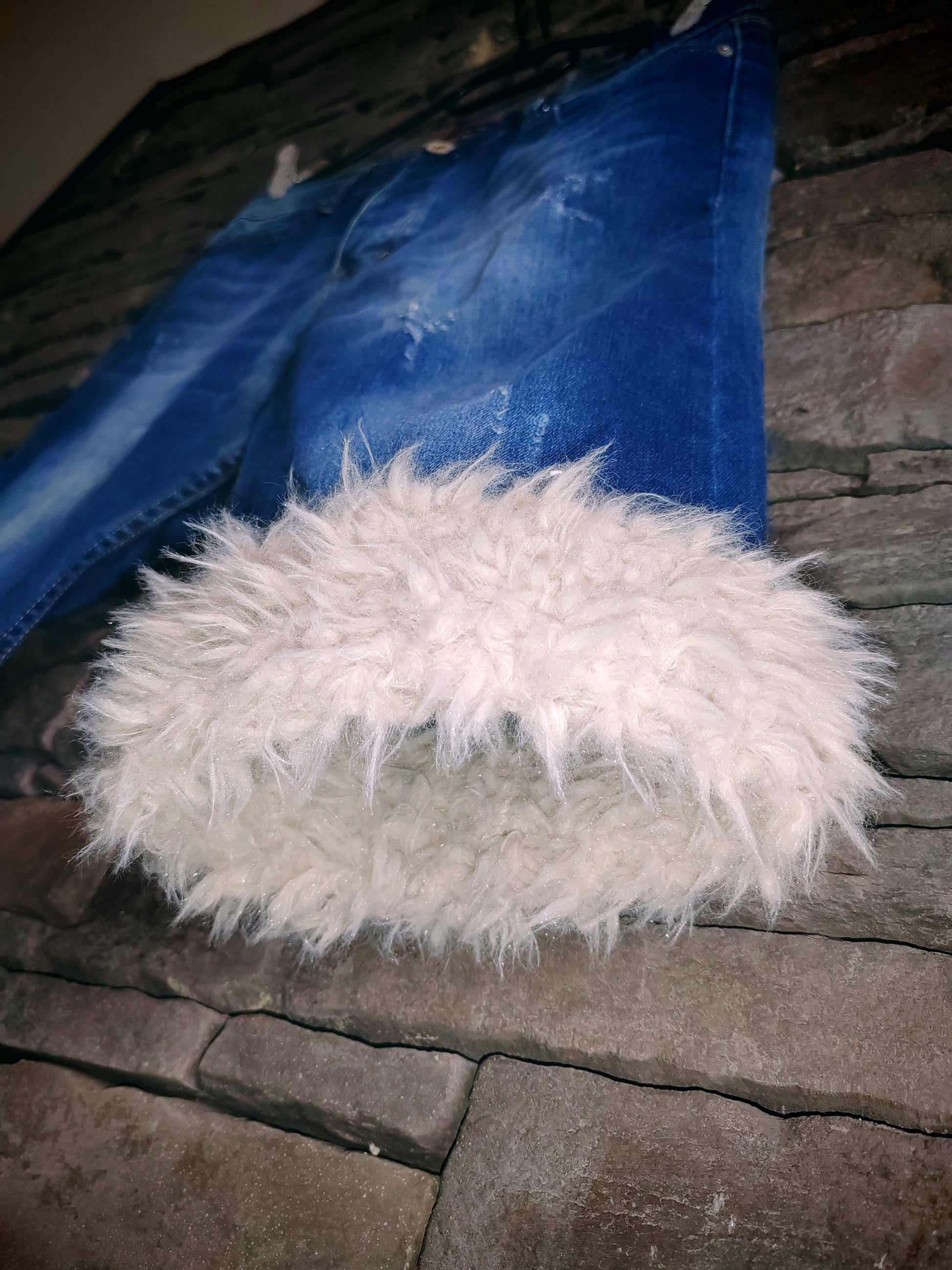 luffy short man blue denim semi wide stretch handmade faux fur front – Wal & Yfful B012