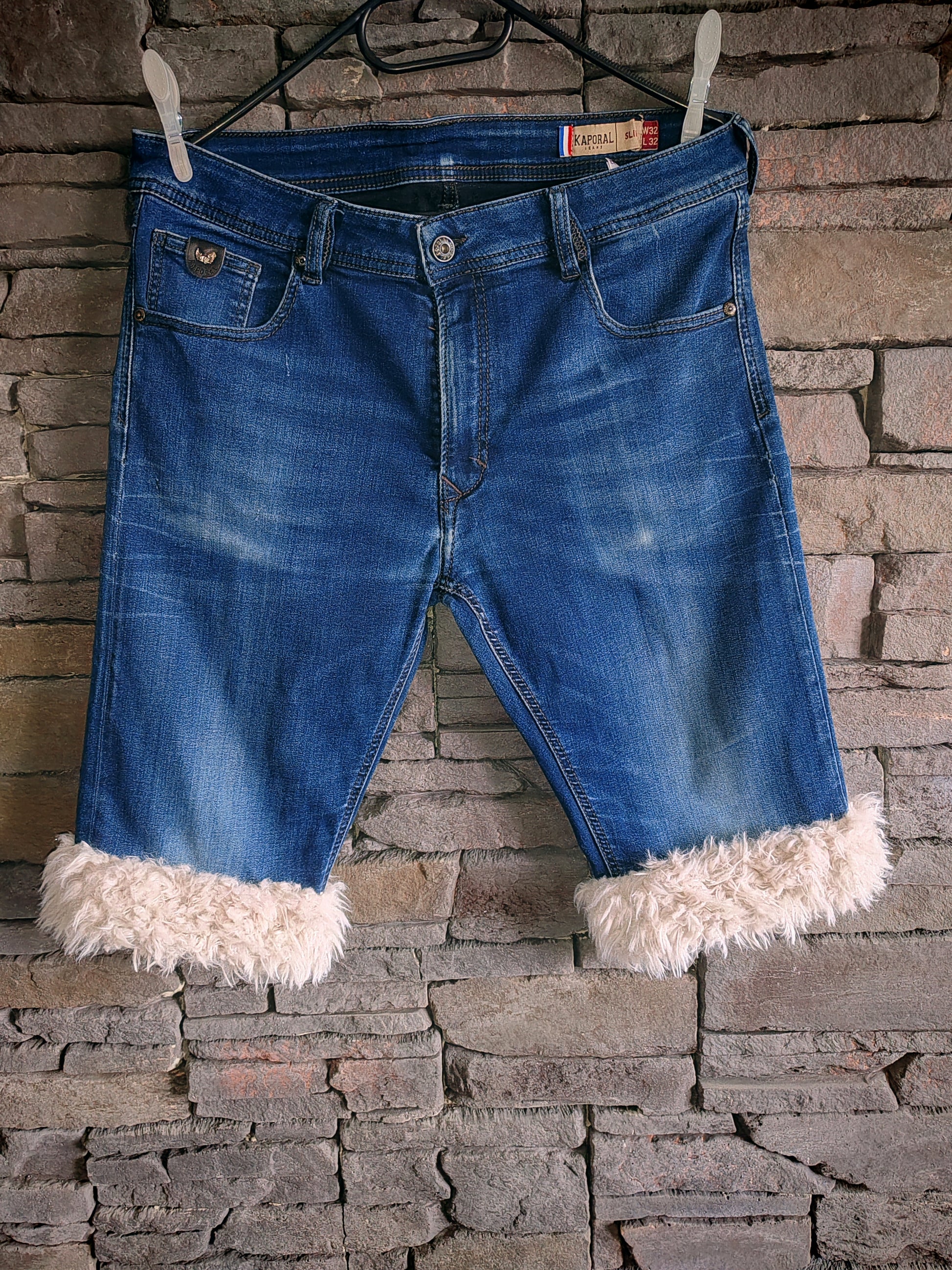 luffy short dark blue denim man semi wide handmade with faux fur – Wal & Yfful B015