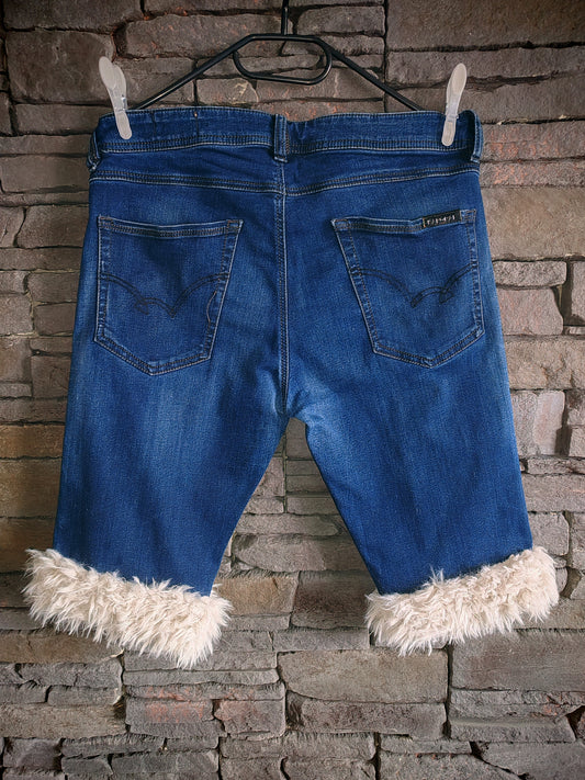 luffy short dark blue denim man semi wide handmade with faux fur back – Wal & Yfful B015