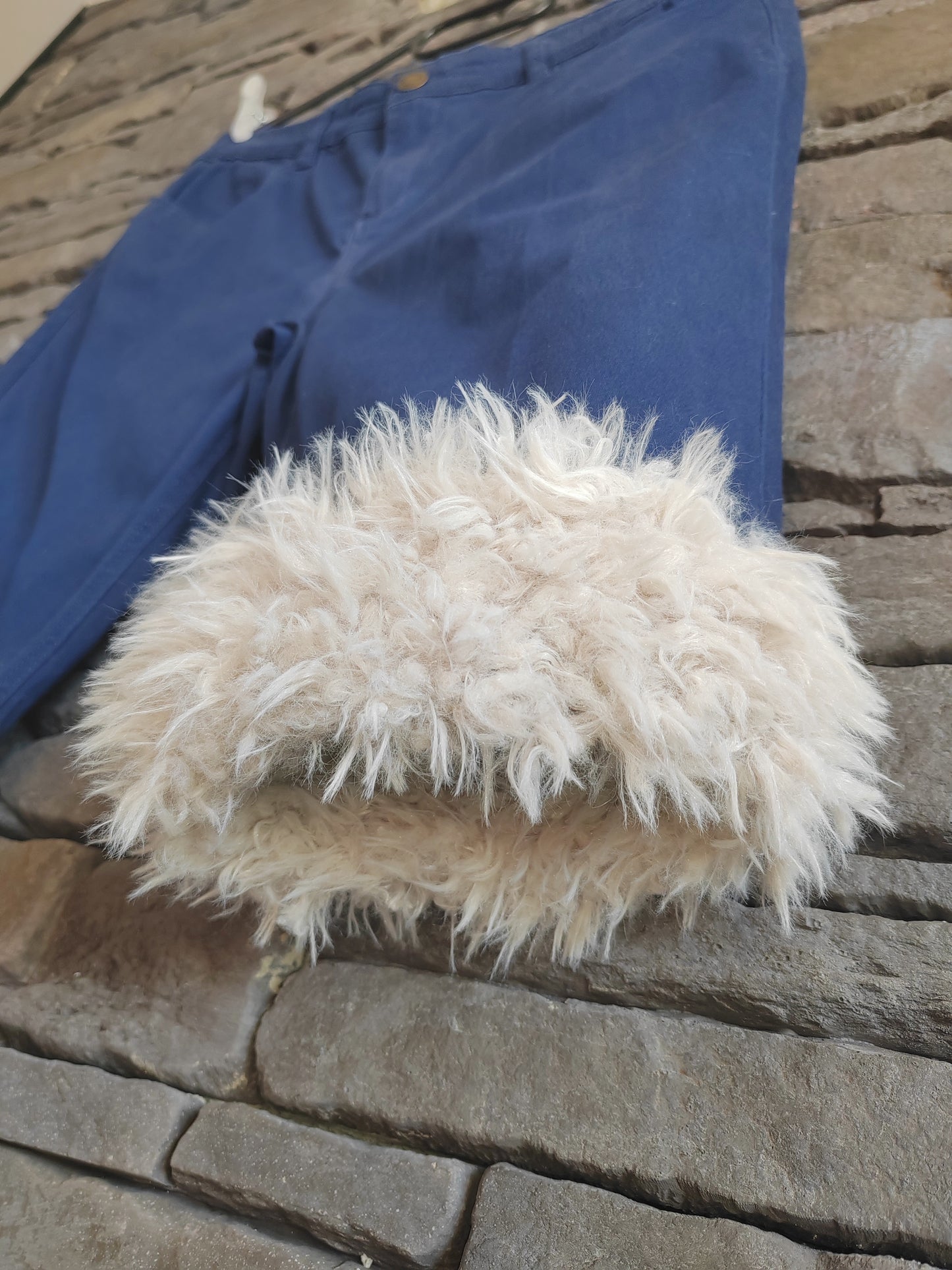 luffy short navy slim fit stretch with faux fur handmade upcycled tissaia front – Wal & Yfful C008