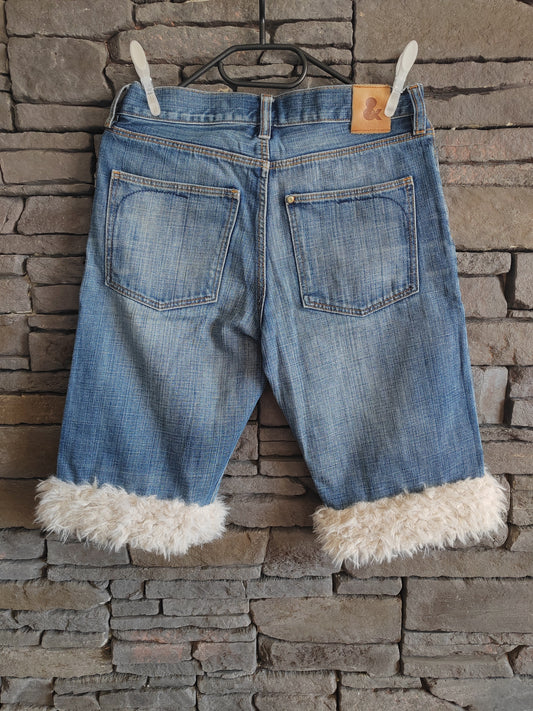 luffy short man blue denim semi wide handmade with faux fur back – Wal & Yfful C004