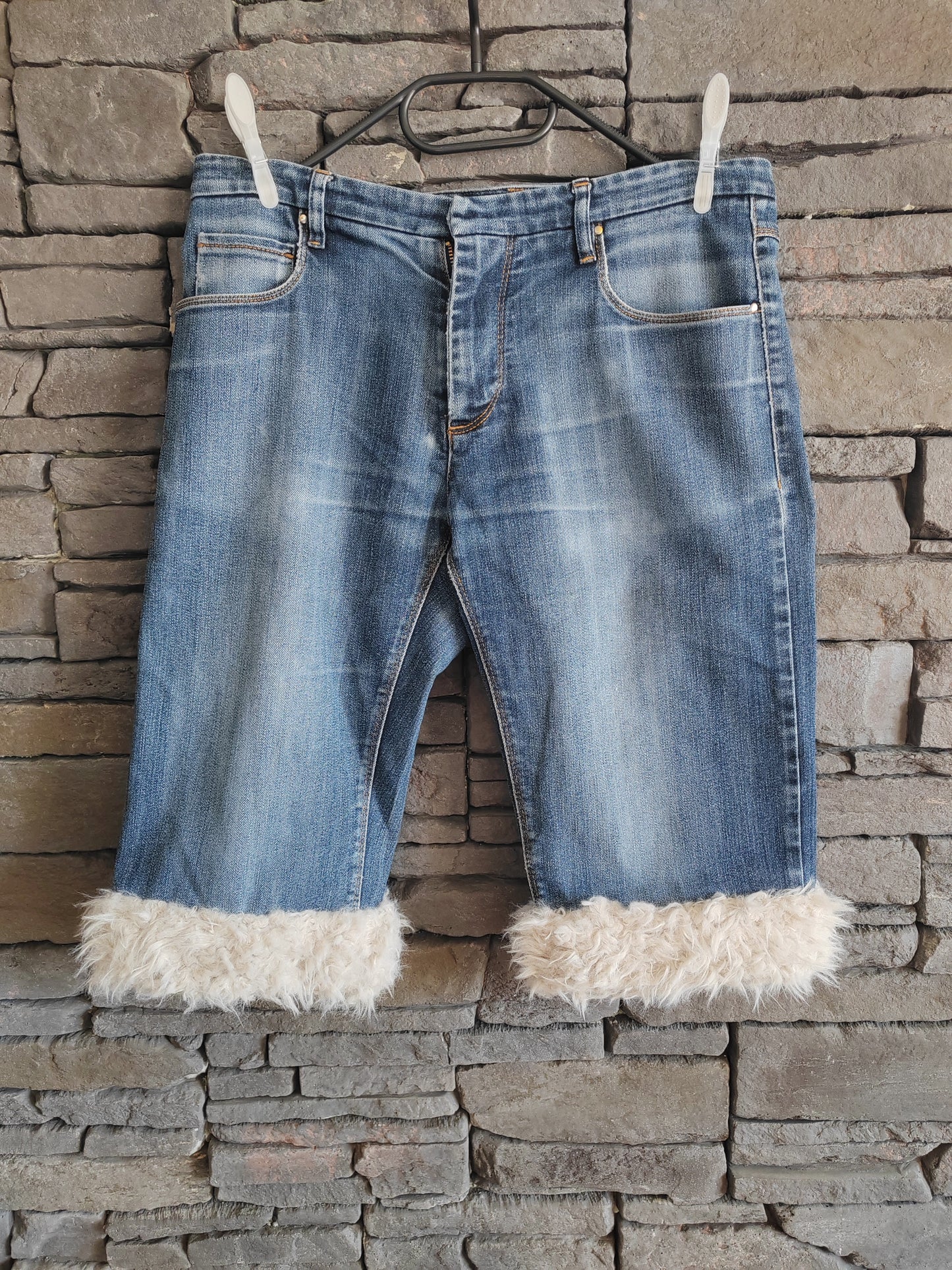 luffy short man blue denim semi wide non stretch handmade with faux fur – Wal & Yfful C006