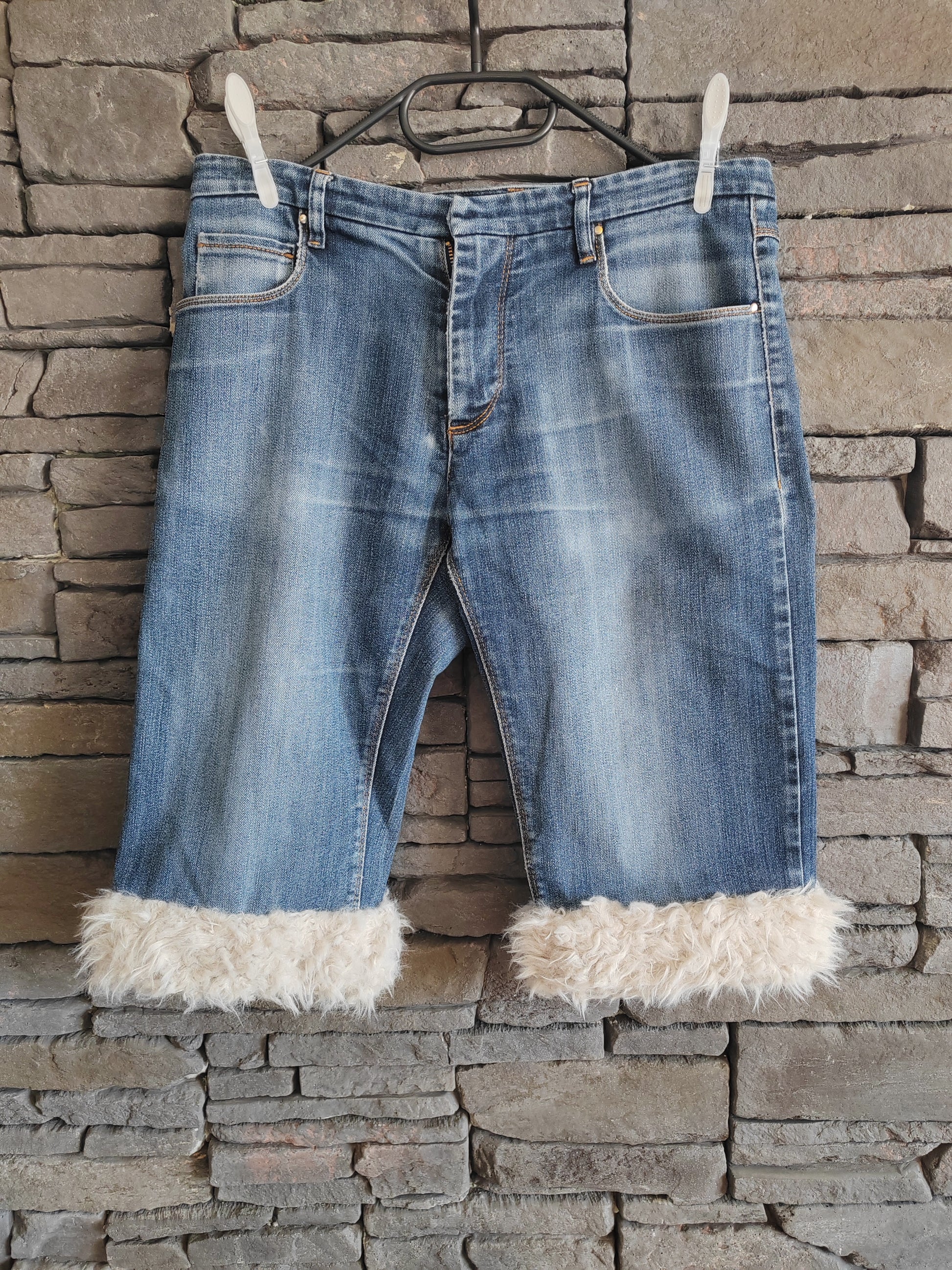 luffy short man blue denim semi wide non stretch handmade with faux fur – Wal & Yfful C006