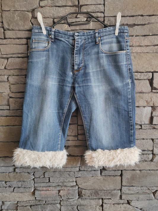 luffy short man blue denim semi wide non stretch handmade with faux fur – Wal & Yfful C006
