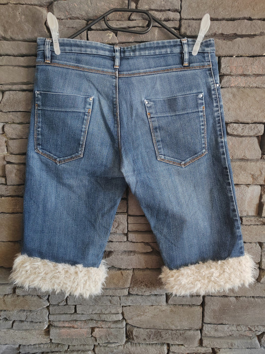 luffy short man blue denim semi wide non stretch handmade with faux fur back – Wal & Yfful C006