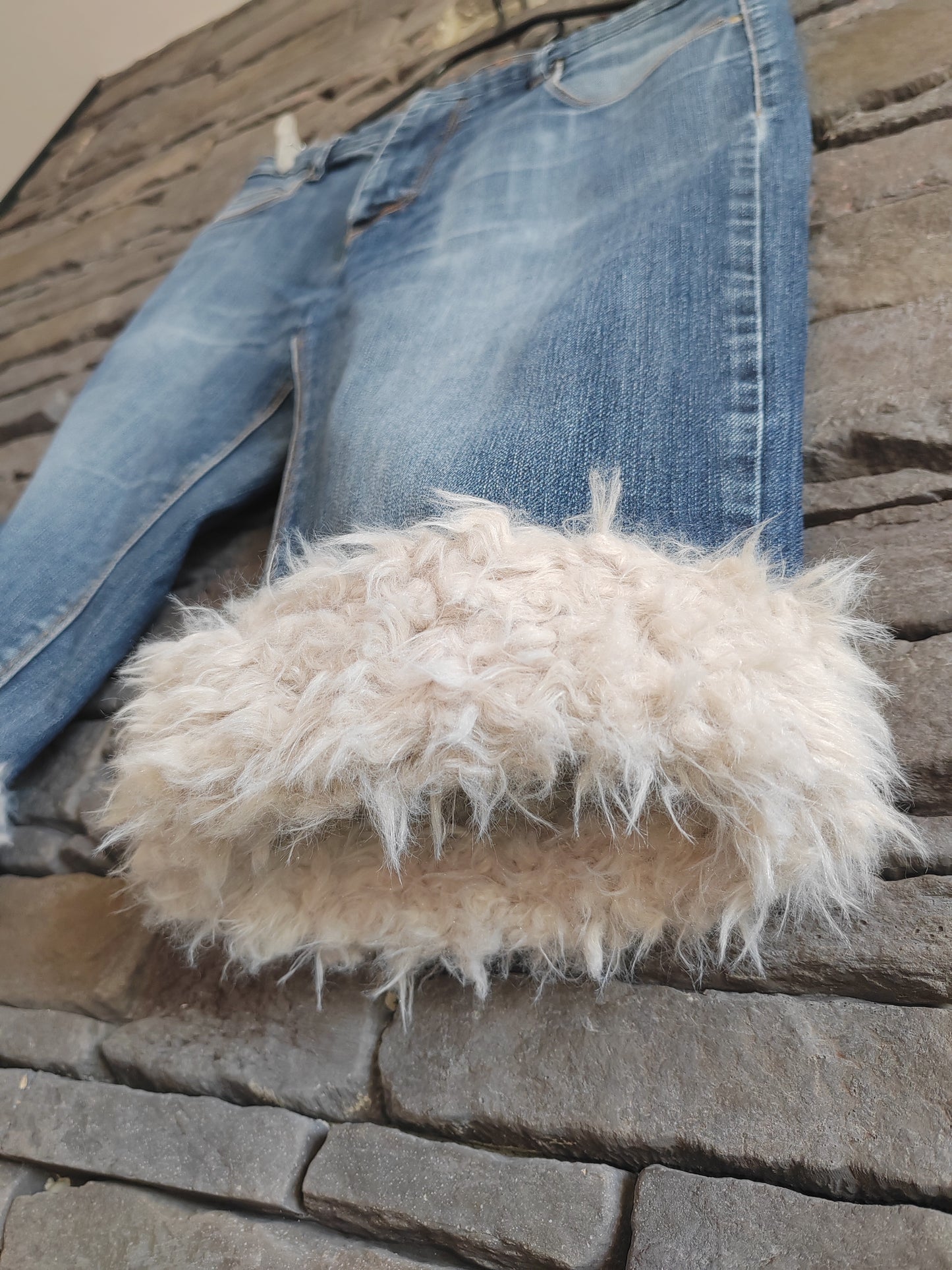 luffy short man blue denim semi wide non stretch handmade with faux fur front – Wal & Yfful C006