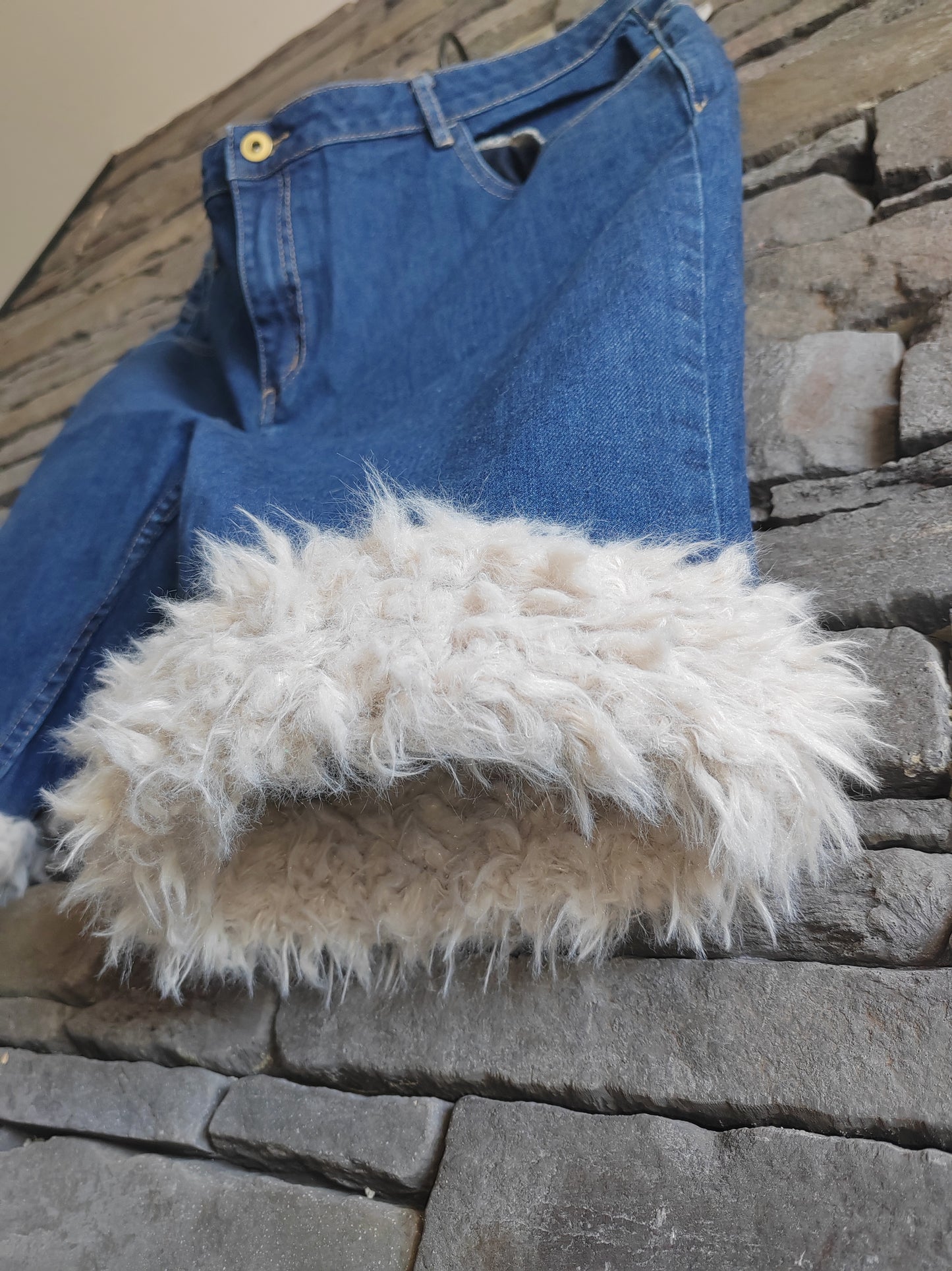 luffy short denim blue large fit handmade with faux fur front – Wal & Yfful D003