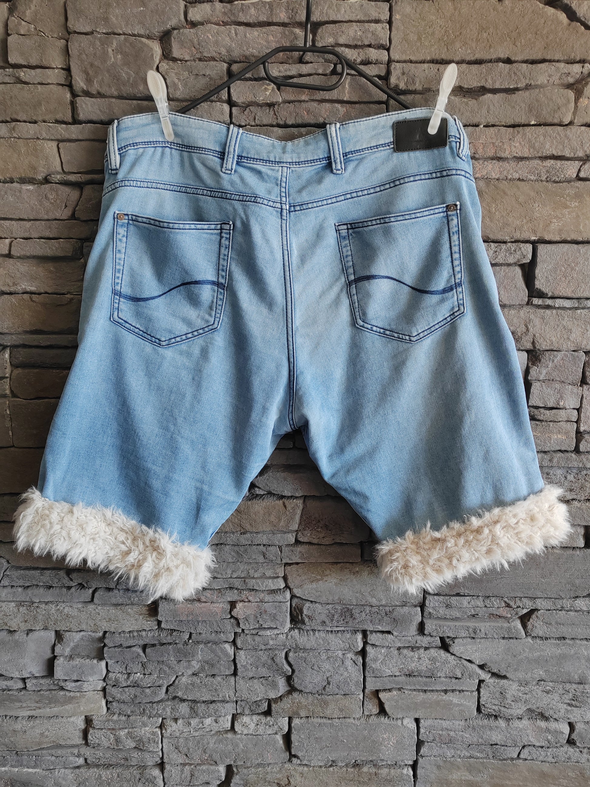 luffy short blue jean large fit handmade with faux fur back – Wal & Yfful E002