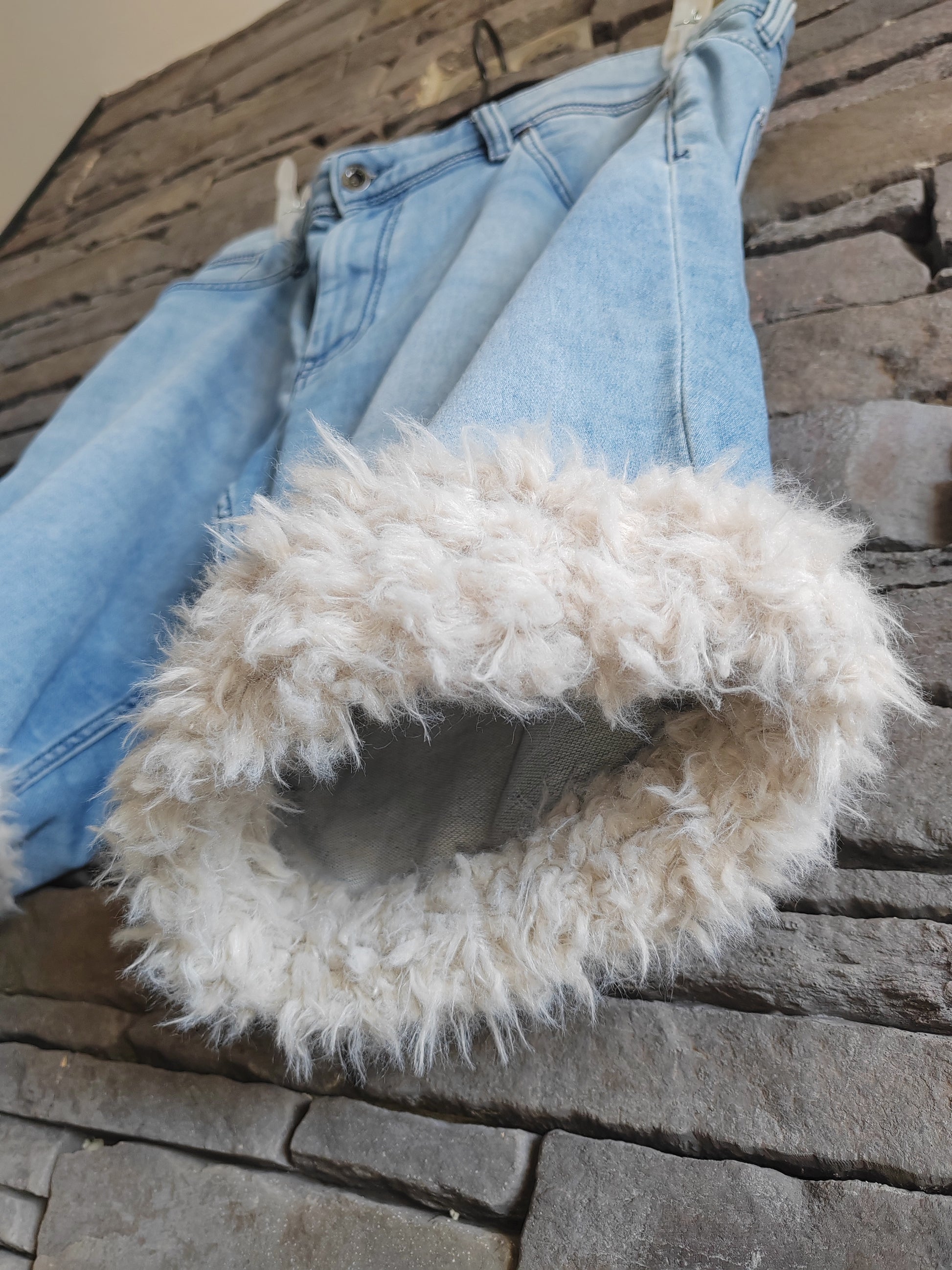 luffy short blue jean large fit handmade with faux fur front – Wal & Yfful E002