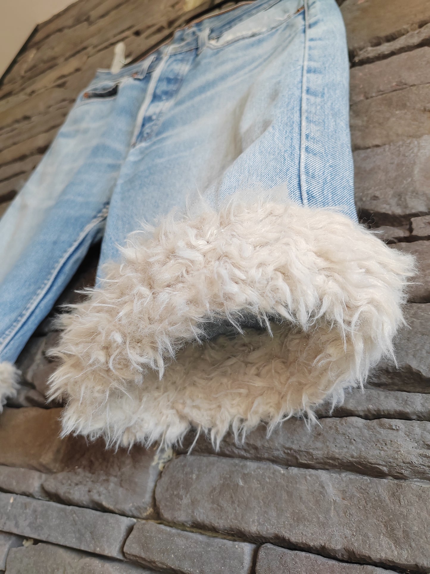 luffy short levi's blue denim short man handmade faux fur upcycled front – Wal & Yfful C011