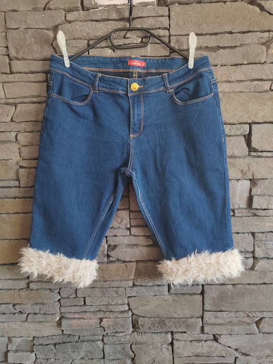 luffy short woman blue denim semi loose fit handmade with faux fur – Wal & Yfful F007