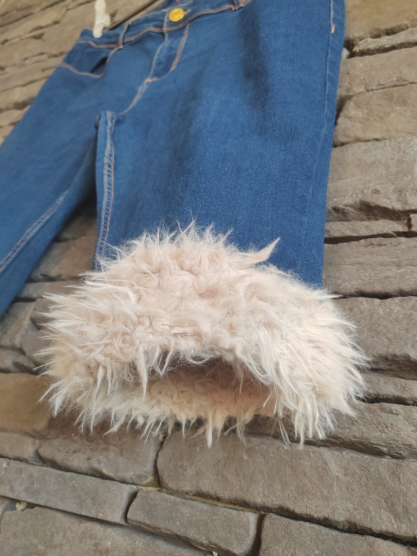luffy short woman blue denim semi loose fit handmade with faux fur front – Wal & Yfful F007