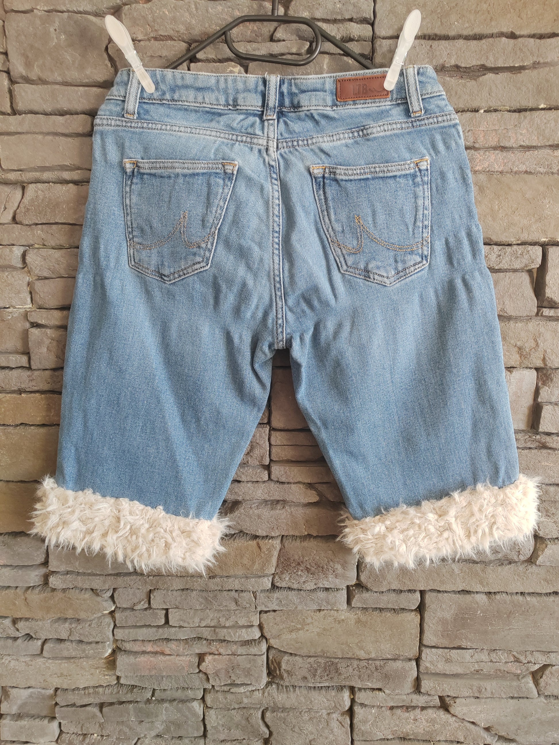 luffy short woman blue semi loose denim stretch handmade with faux fur back – Wal & Yfful F003