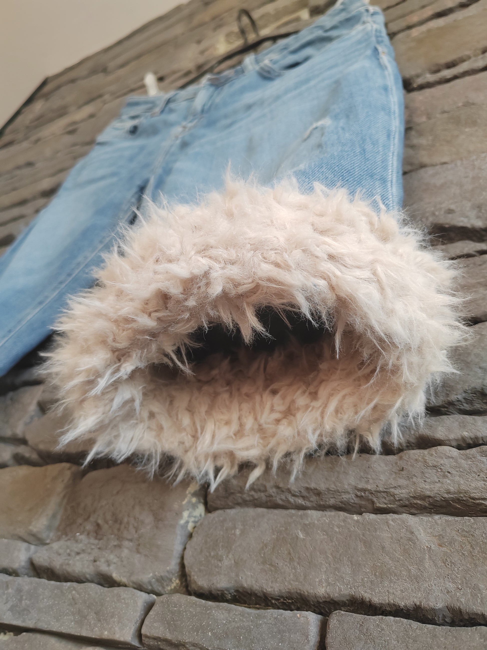 luffy short woman blue semi loose denim stretch handmade with faux fur front – Wal & Yfful F003