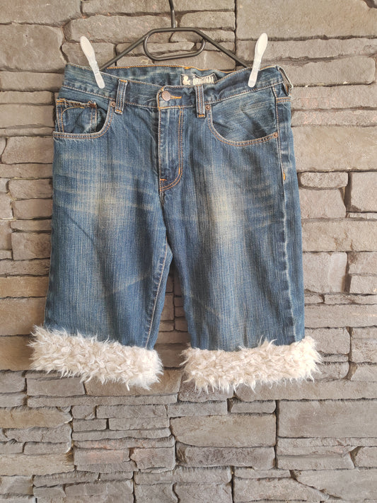 luffy short woman blue denim loose fit handmade with faux fur – Wal & Yfful F002