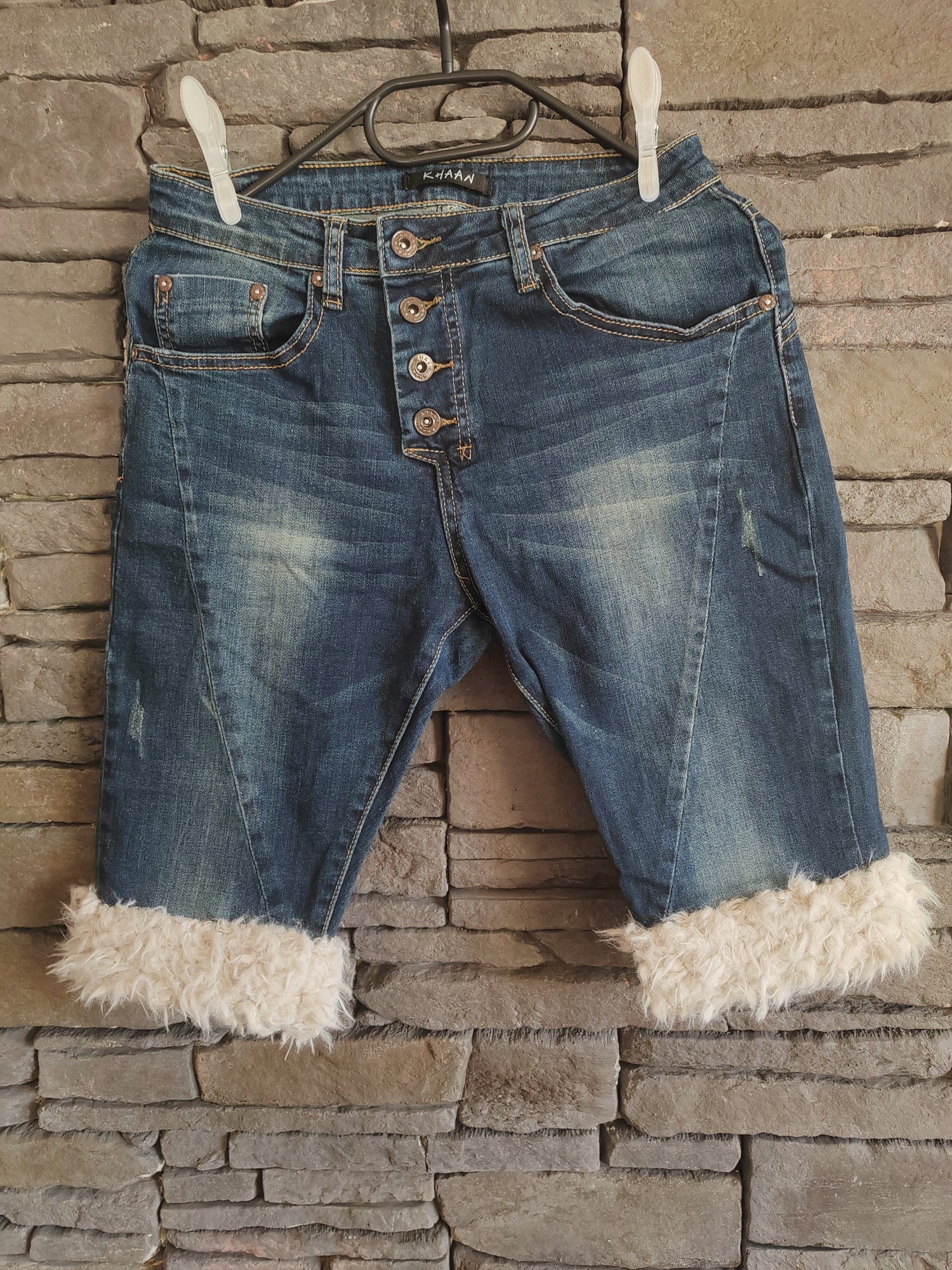 luffy short woman blue jean slim fit handmade with faux fur – Wal & Yfful F001