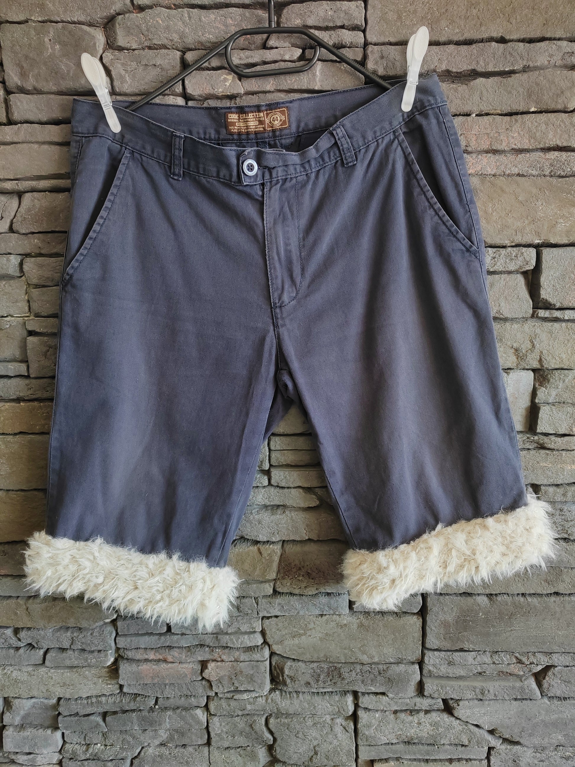 Luffy short men's dark blue semi-loose stretch fit handmade with faux fur – Wal & Yfful A004