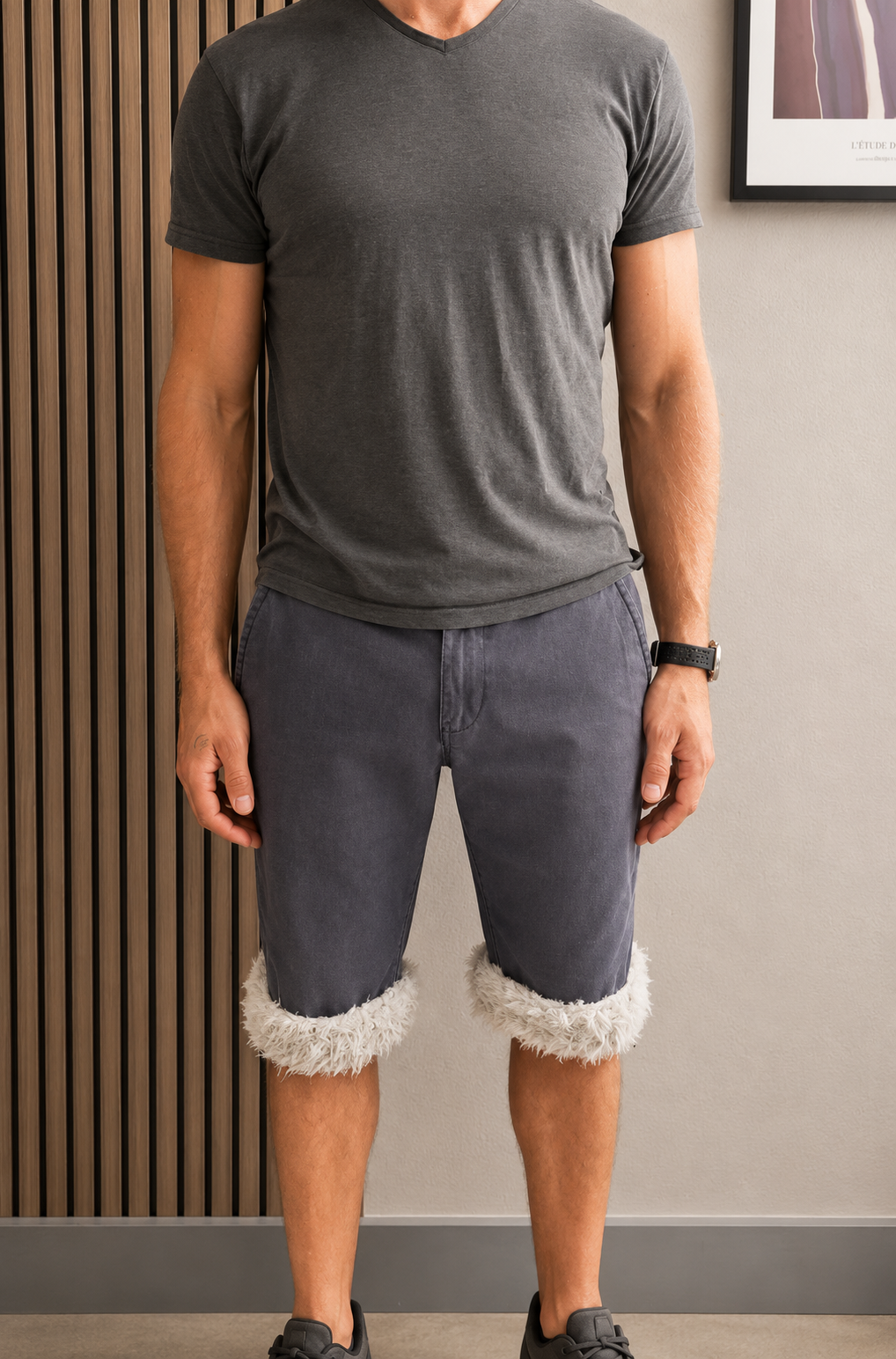Luffy short men's dark blue semi-loose stretch fit handmade with faux fur studio 04 – Wal & Yfful A004