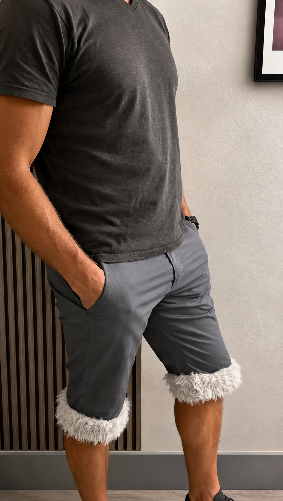 Luffy short men's grey semi-loose stretch fit handmade with faux fur studio 01 – Wal & Yfful A006