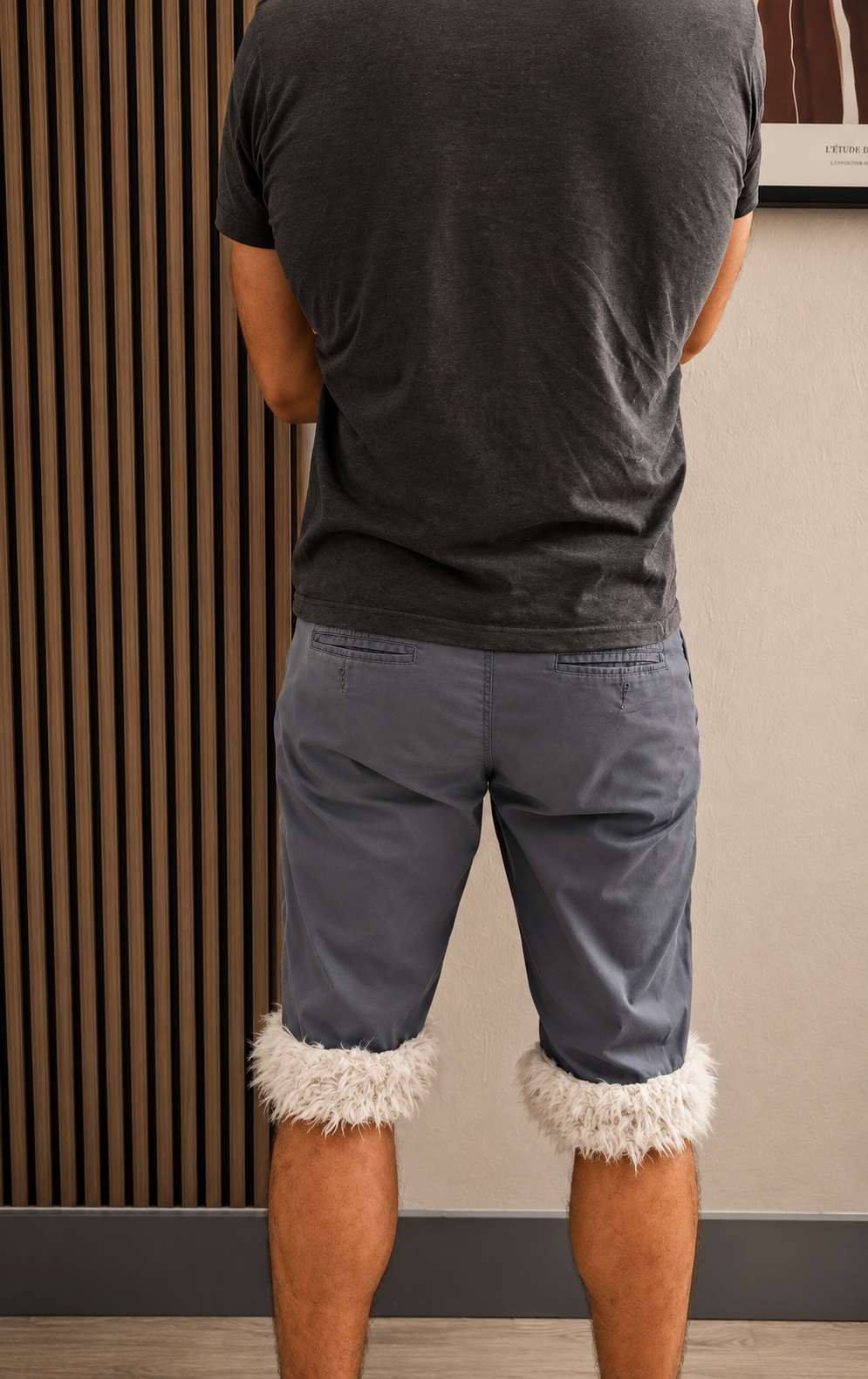 Luffy short men's grey semi-loose stretch fit handmade with faux fur studio 04 – Wal & Yfful A006