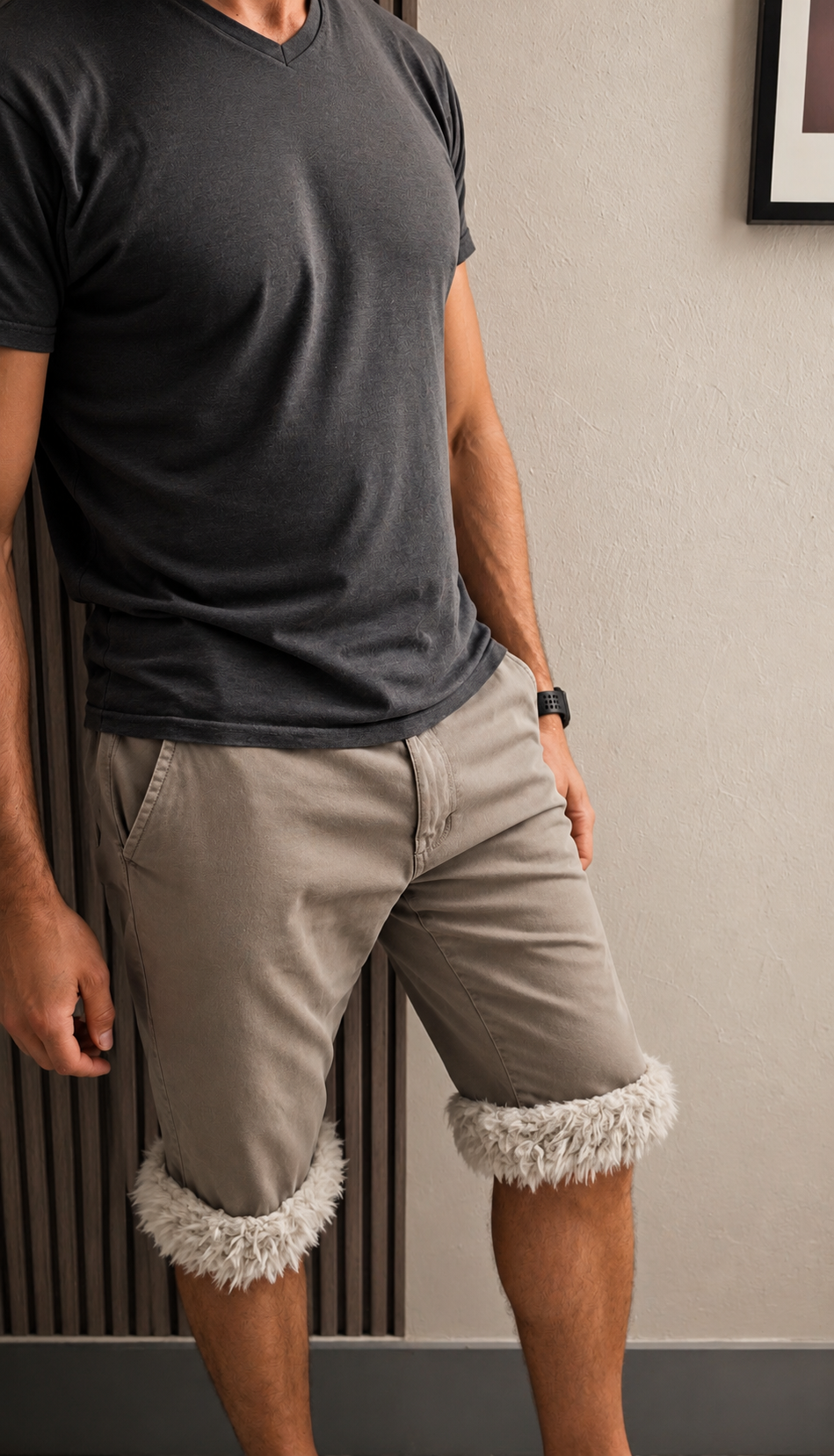 Luffy short men's light khaki semi-loose fit handmade with faux fur studio 05 – Wal & Yfful A005