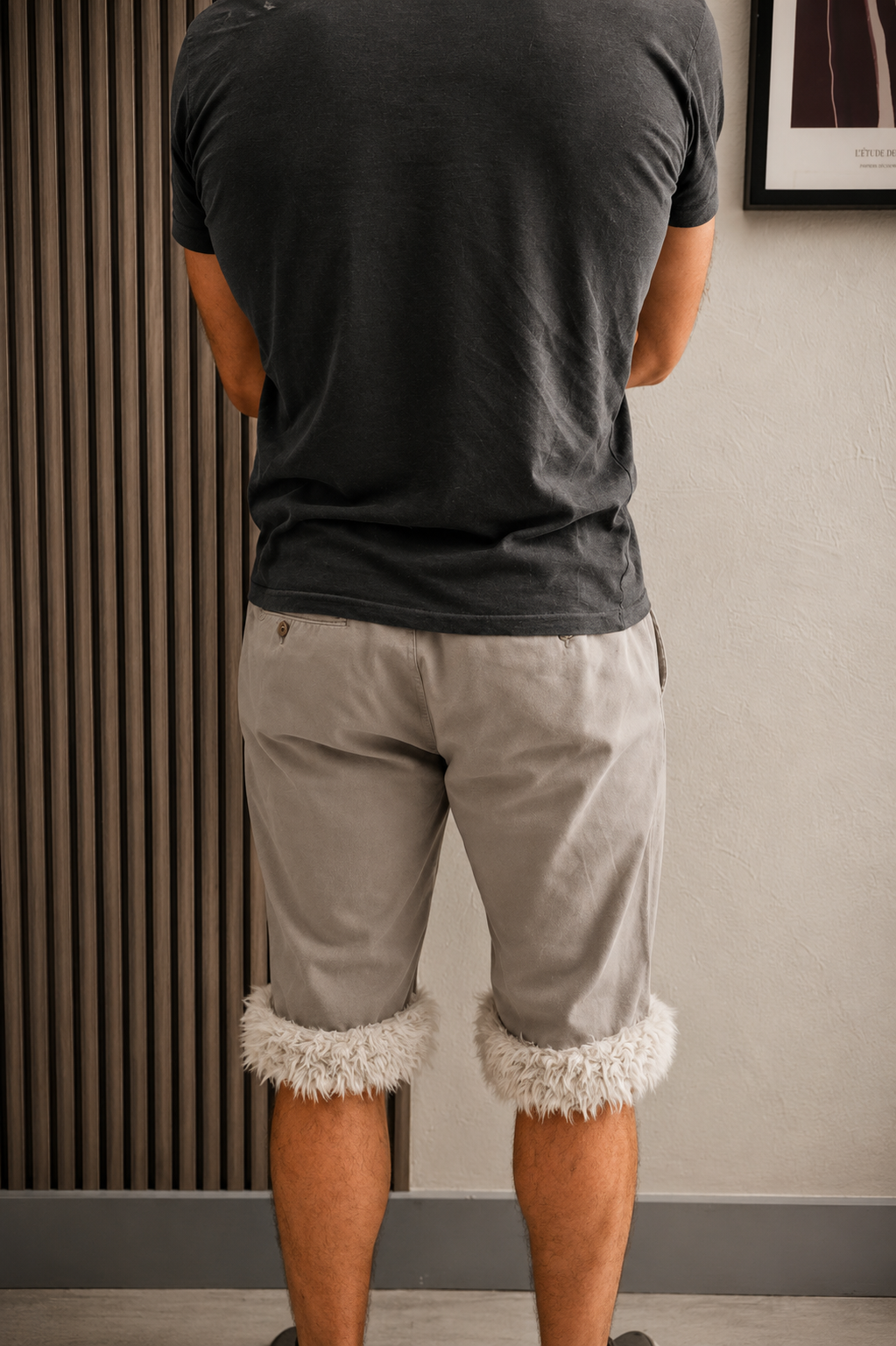 Luffy short men's light khaki semi-loose fit handmade with faux fur studio 07 – Wal & Yfful A005