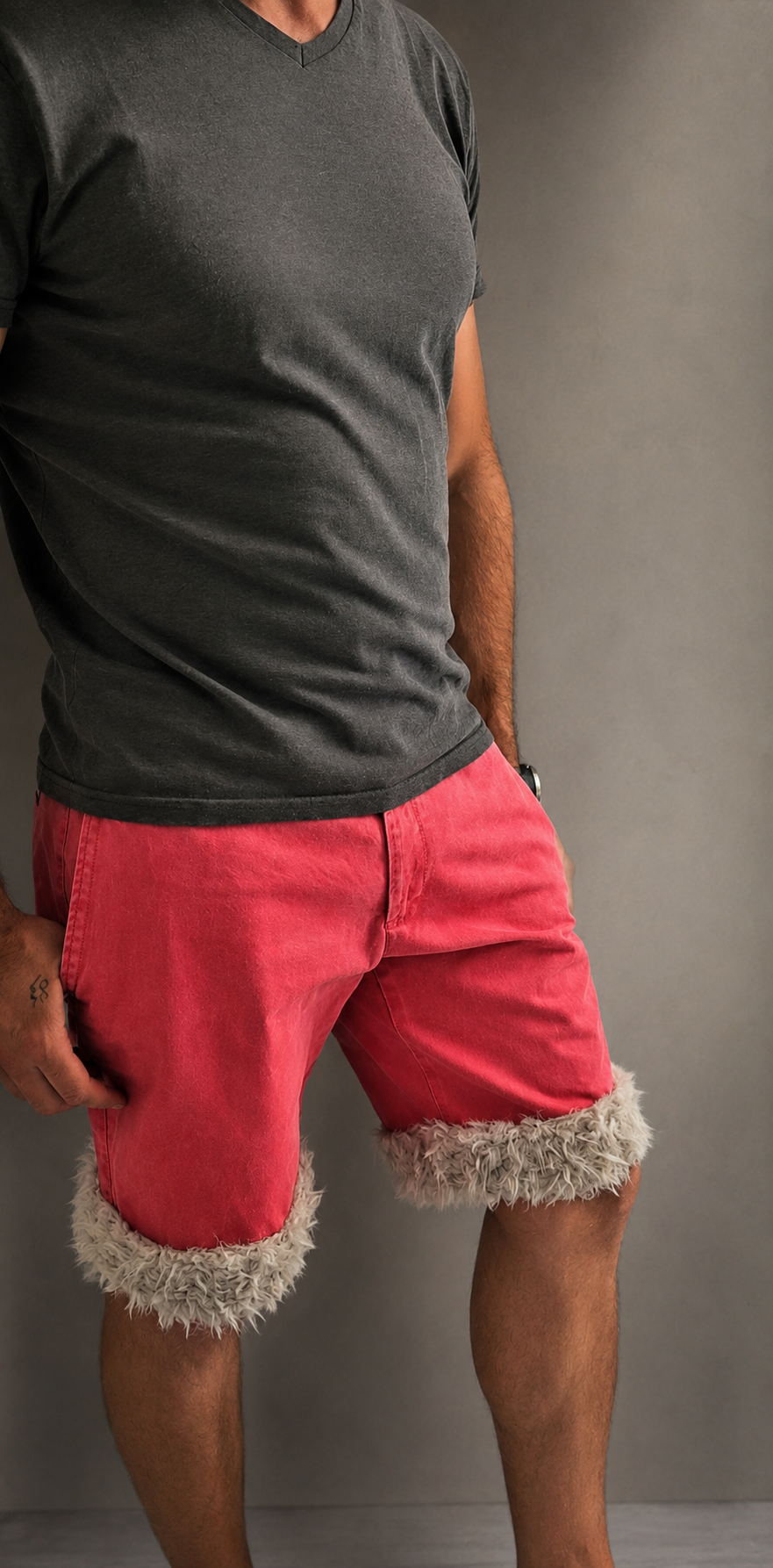 Luffy short men's pale red semi-loose fit handmade with faux fur studio 08 – Wal & Yfful A002